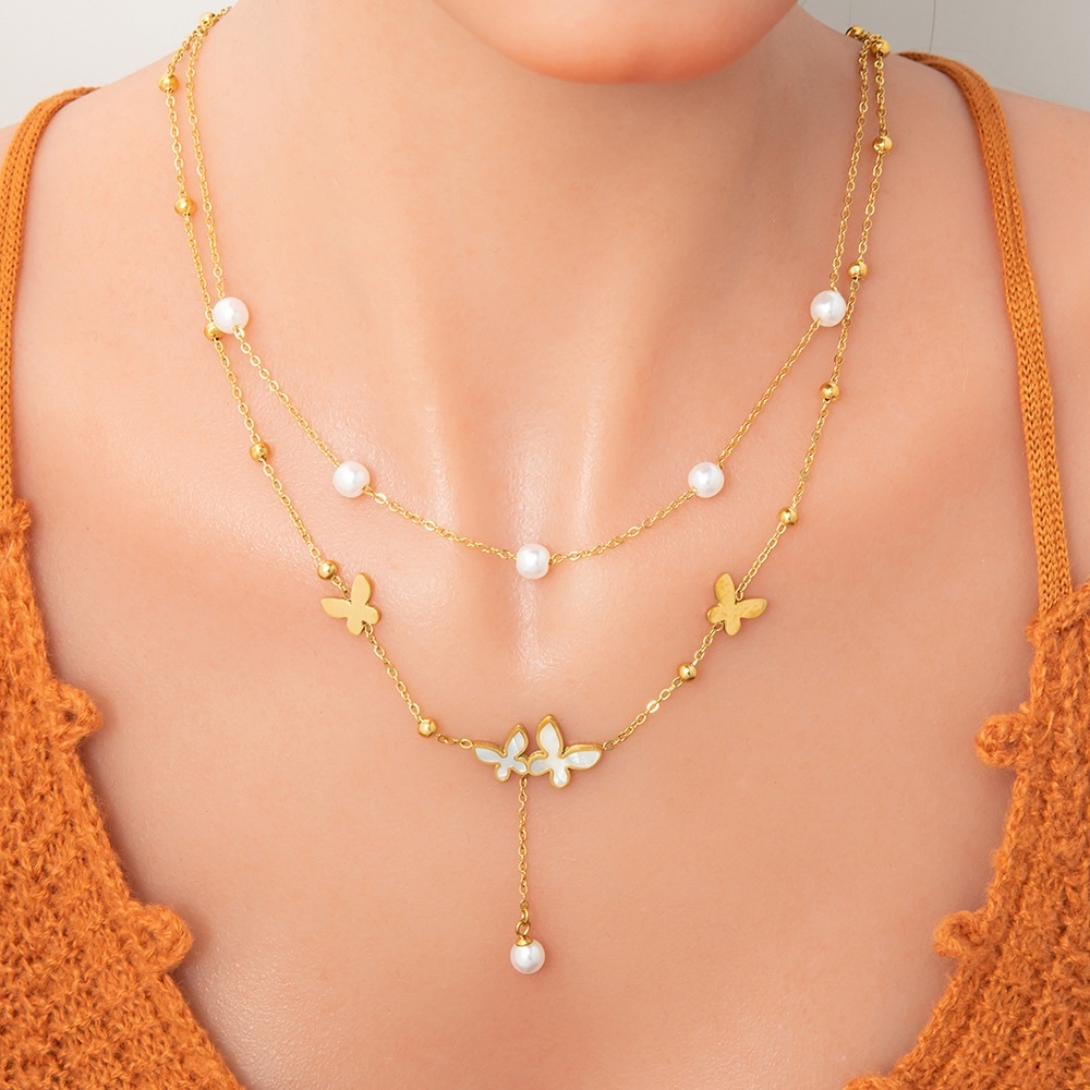 New 18K Gold Plated Pearls & Butterfly Layered Necklace